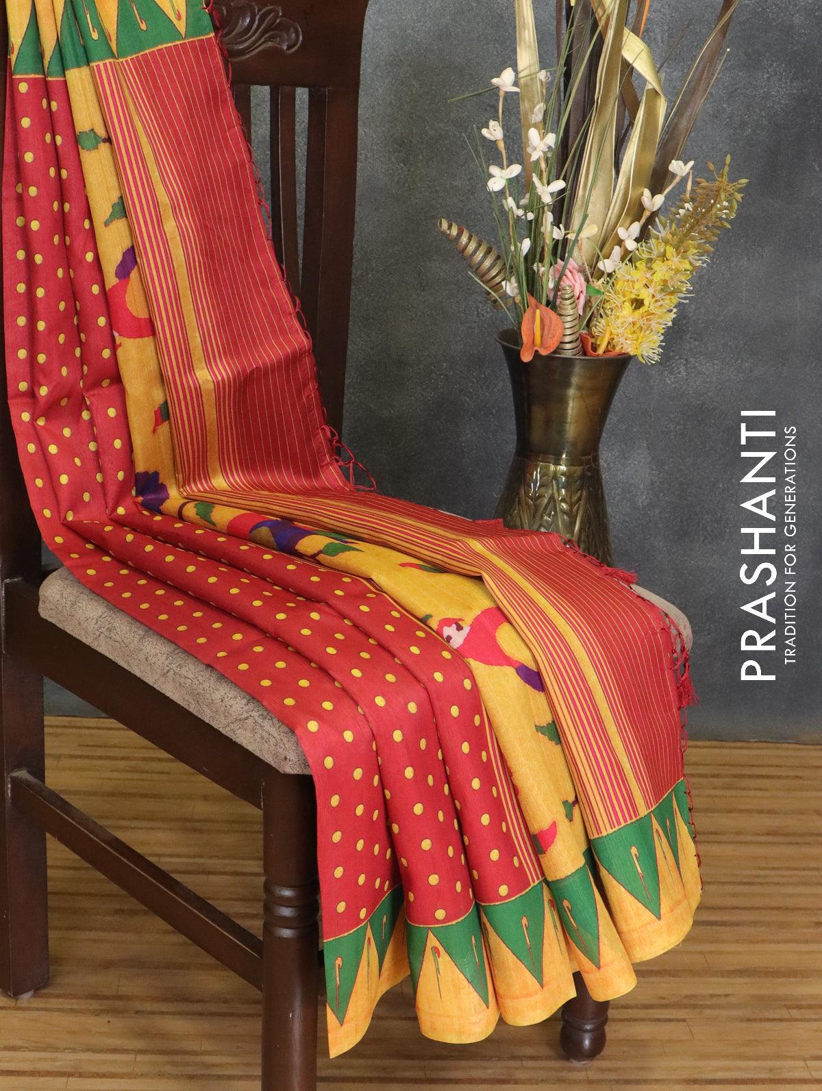 Semi raw silk saree red and yellow with allover prints and paithani border - Image 2