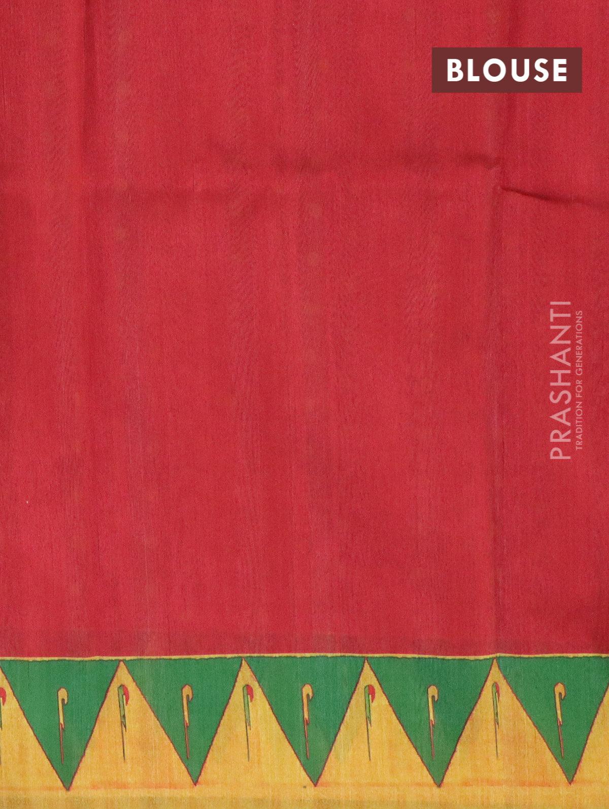 Semi raw silk saree red and yellow with allover prints and paithani border - Image 3