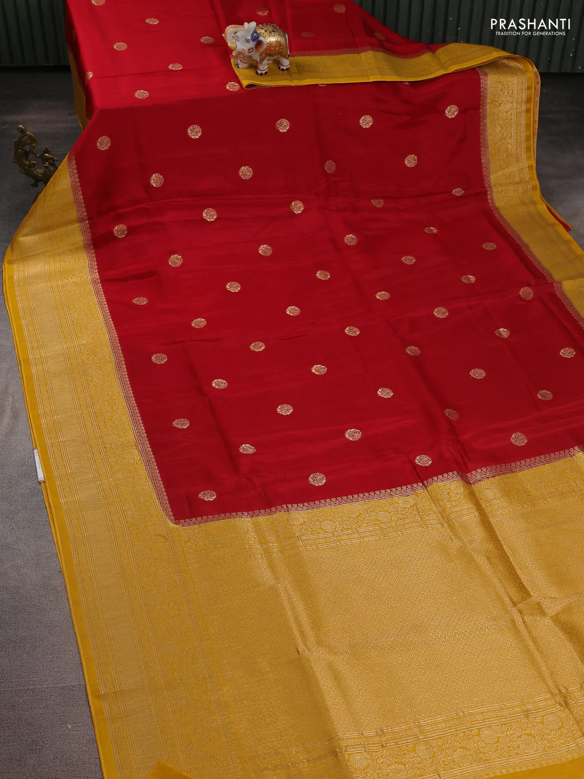 Semi raw silk saree red and yellow with zari woven buttas and zari woven border - Image 2