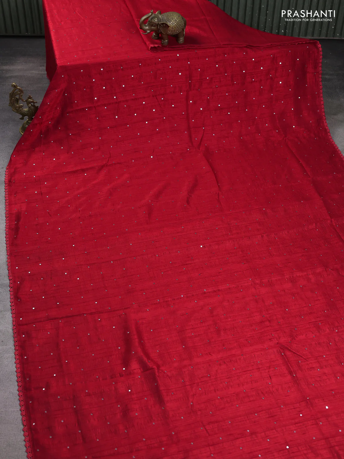 Semi raw silk saree red with allover mirror work and lace work border - Image 2