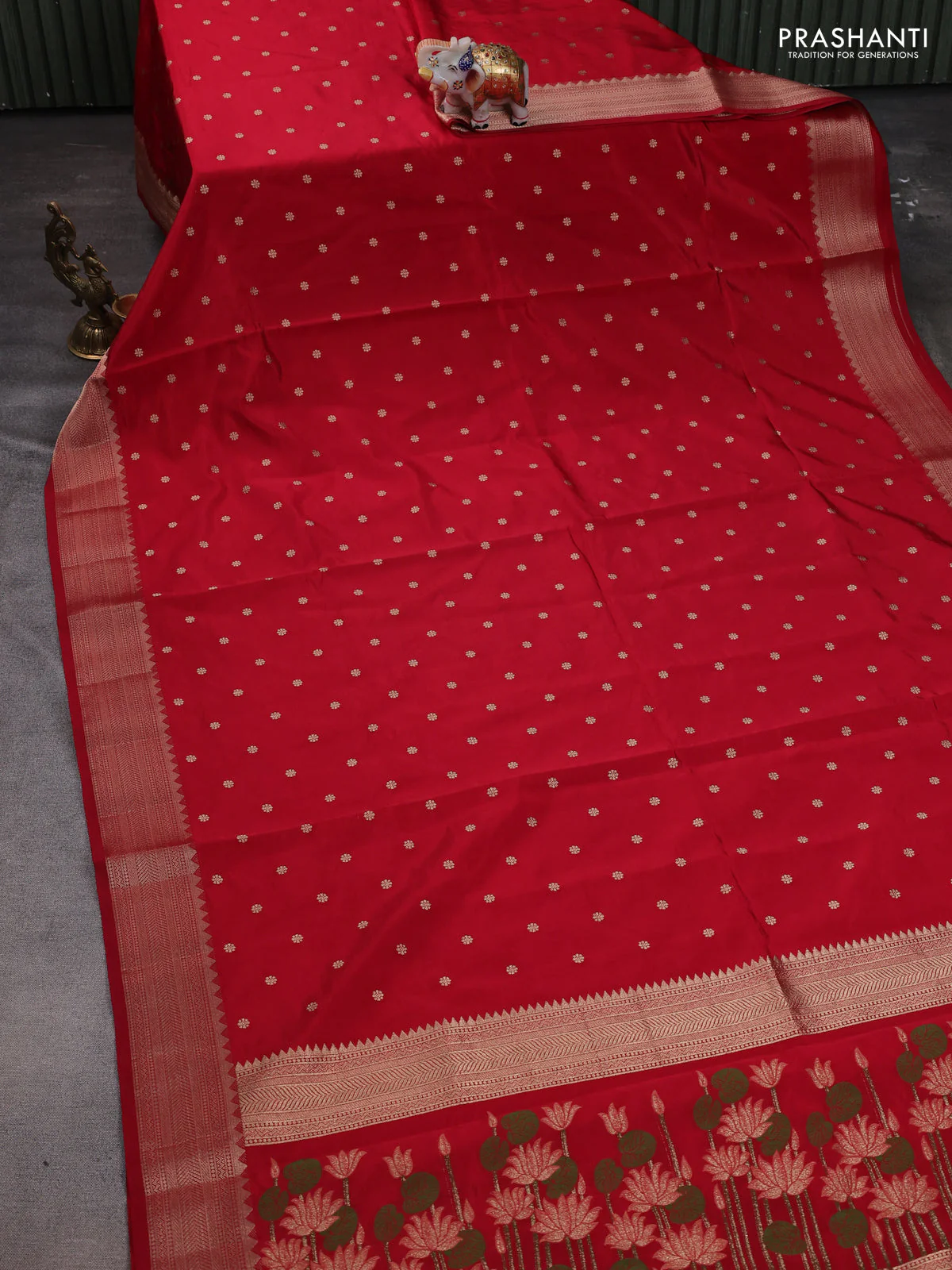 Semi raw silk saree red with allover zari woven buttas and zari woven border - Image 2