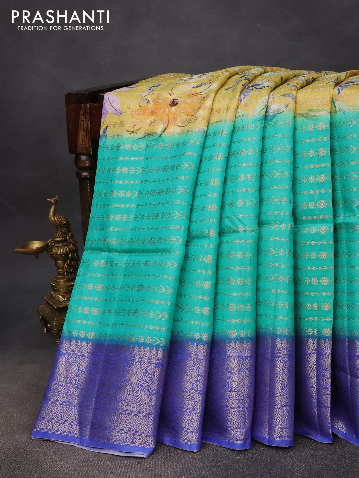 Semi raw silk saree sandal and blue shade with allover zari weaves & floral digital prints and zari woven border - Image 2