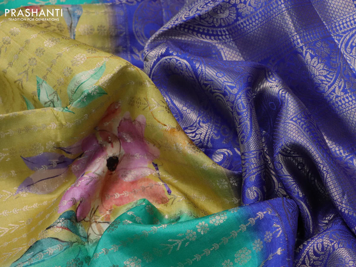 Semi raw silk saree sandal and blue shade with allover zari weaves & floral digital prints and zari woven border - Image 3
