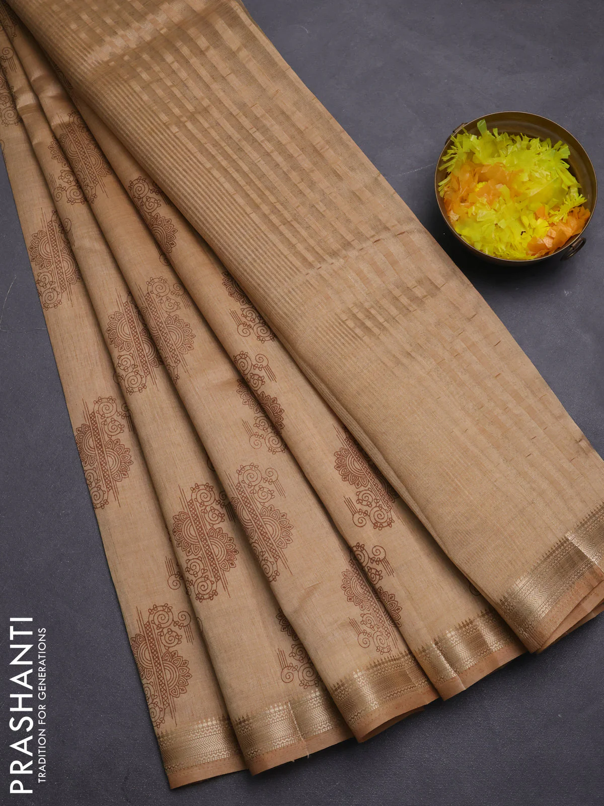 Semi raw silk saree sandal with butta prints and zari woven border