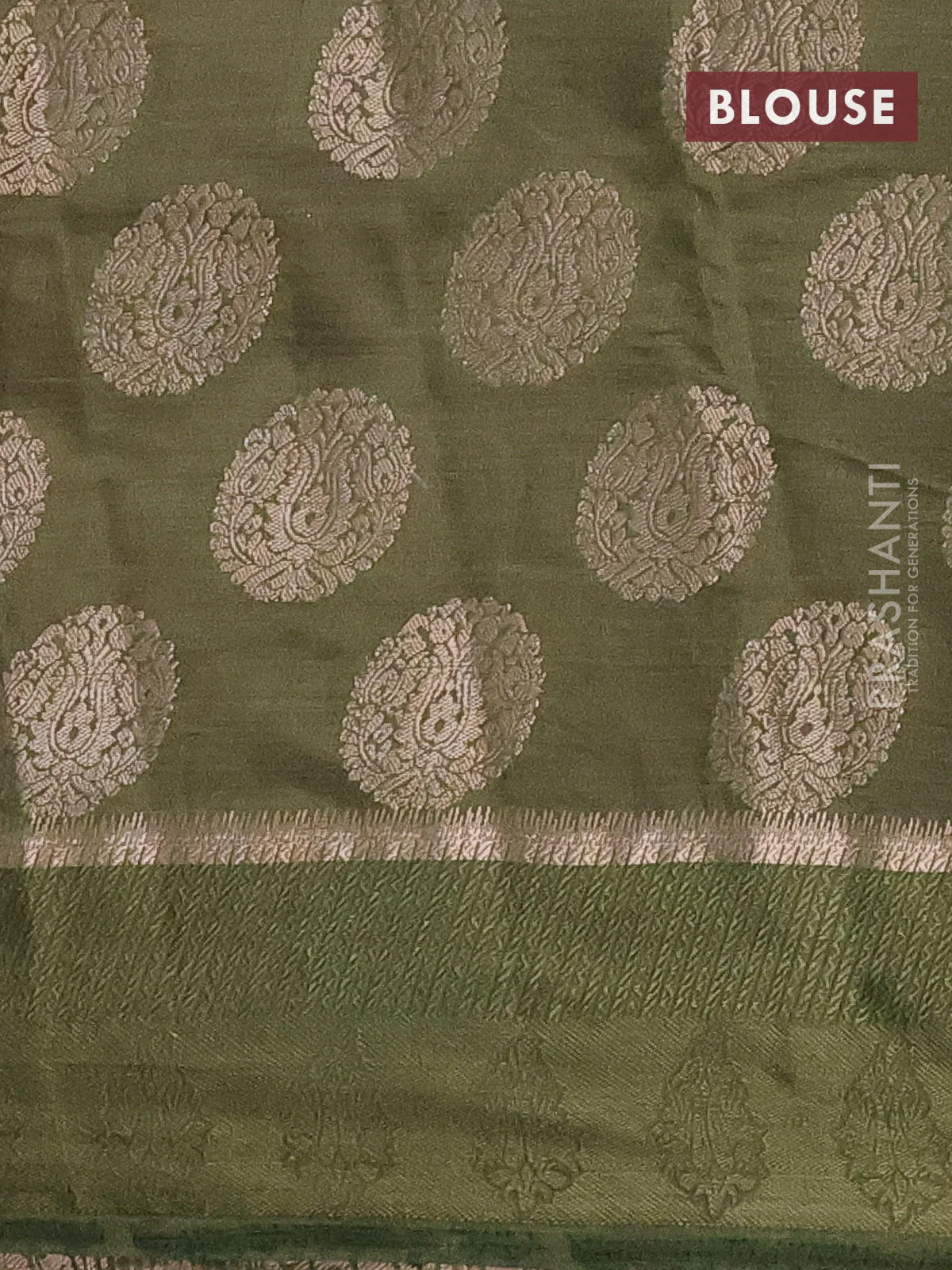 Semi raw silk saree sap green with zari woven buttas and zari woven simple border - Image 4
