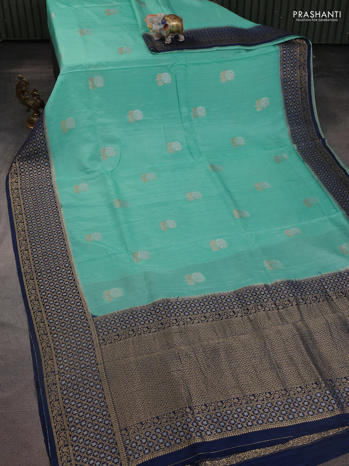 Semi raw silk saree teal blue and blue with silver & gold zari woven buttas and zari woven border - Image 2
