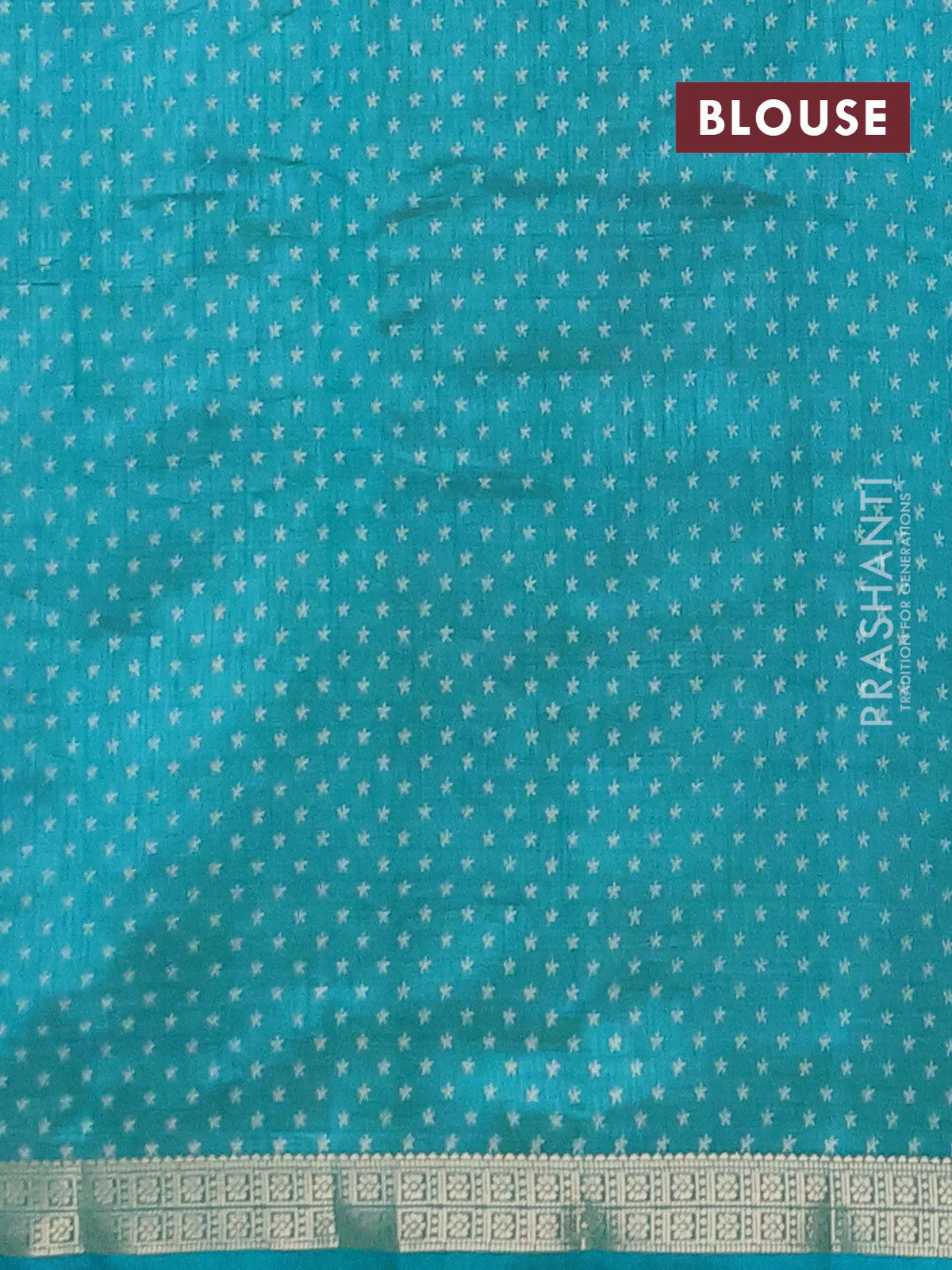 Semi raw silk saree teal blue with allover geometric prints and zari woven border - Image 4