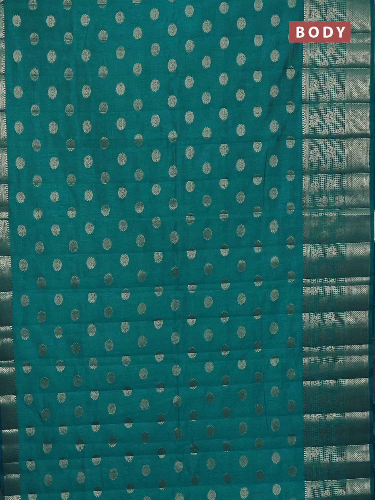 Semi raw silk saree teal blue with allover zari woven 1000 buttas and long zari woven border - Image 2