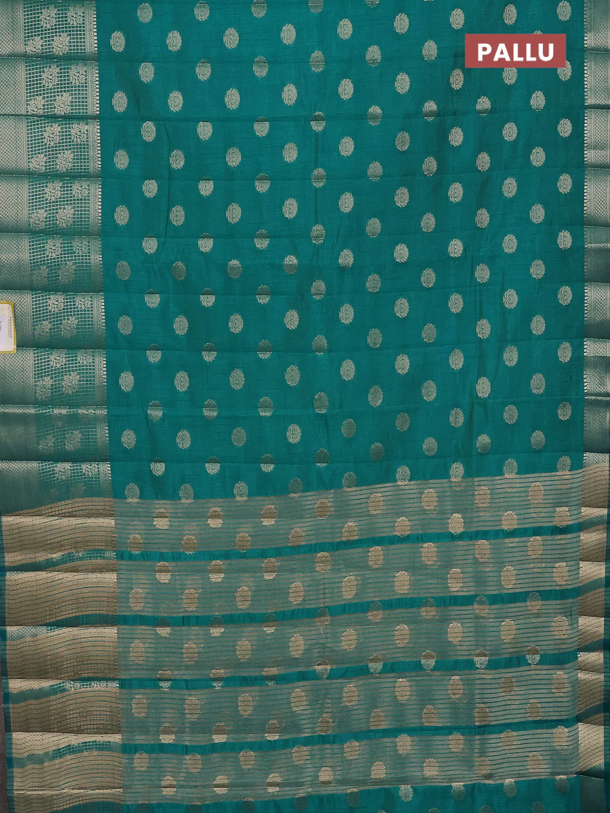 Semi raw silk saree teal blue with allover zari woven 1000 buttas and long zari woven border - Image 3
