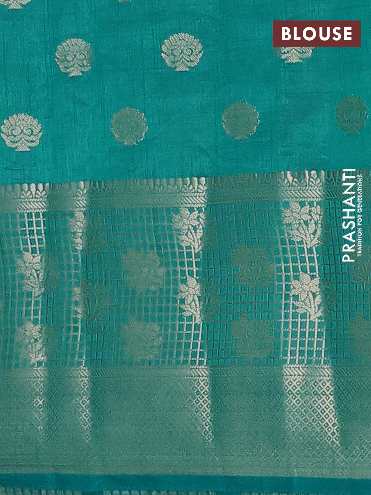 Semi raw silk saree teal blue with allover zari woven 1000 buttas and long zari woven border - Image 4