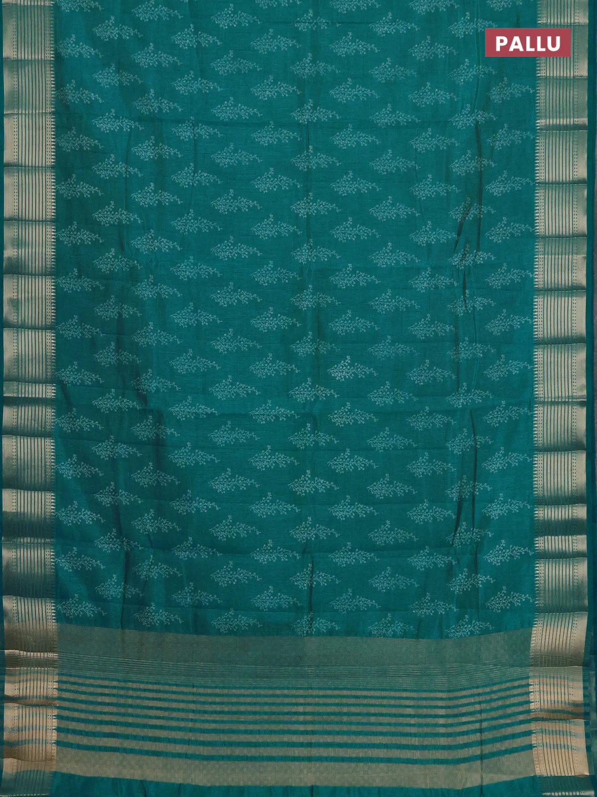 Semi raw silk saree teal blue with butta prints and zari woven border - Image 3