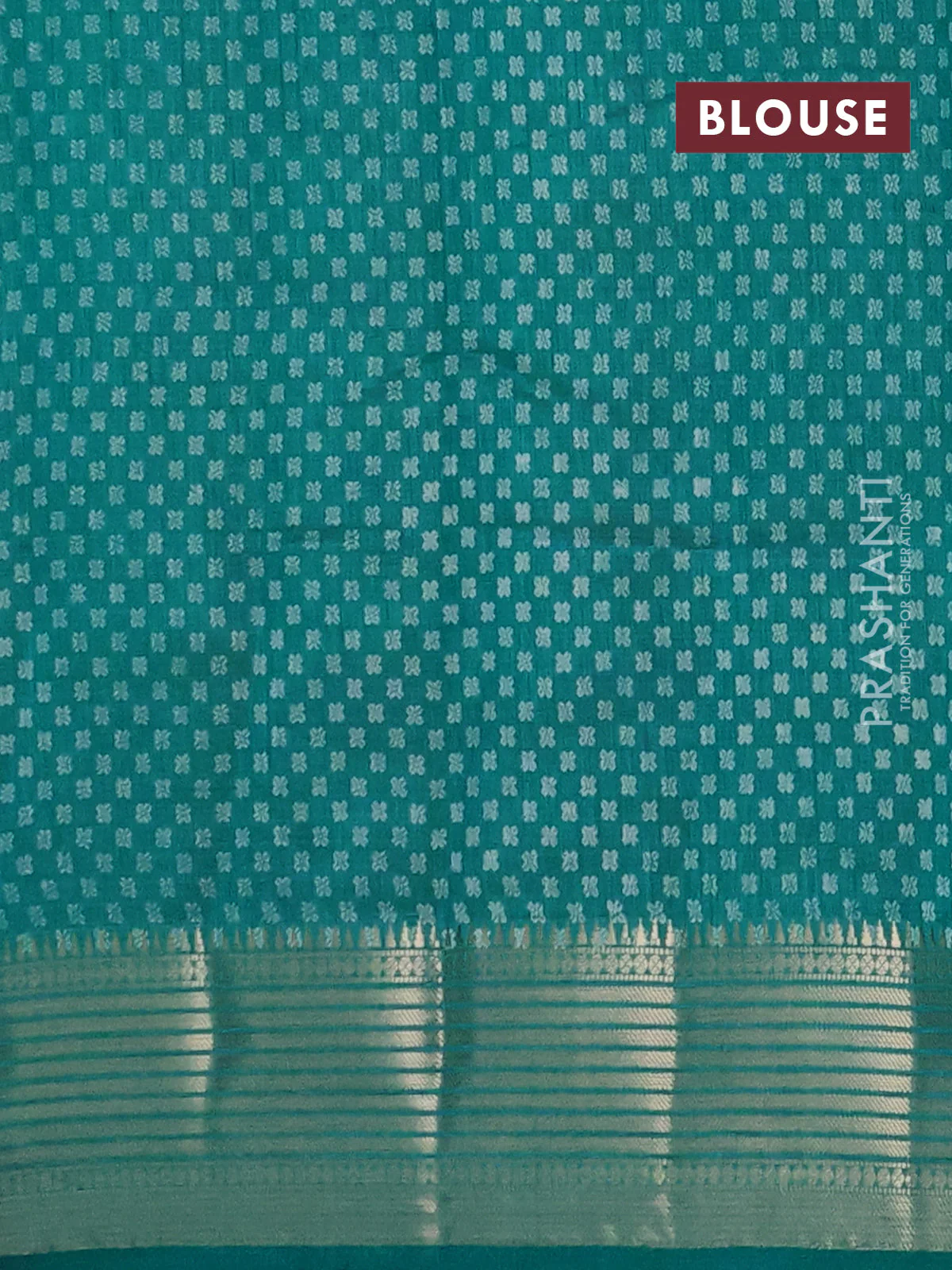 Semi raw silk saree teal blue with butta prints and zari woven border - Image 4