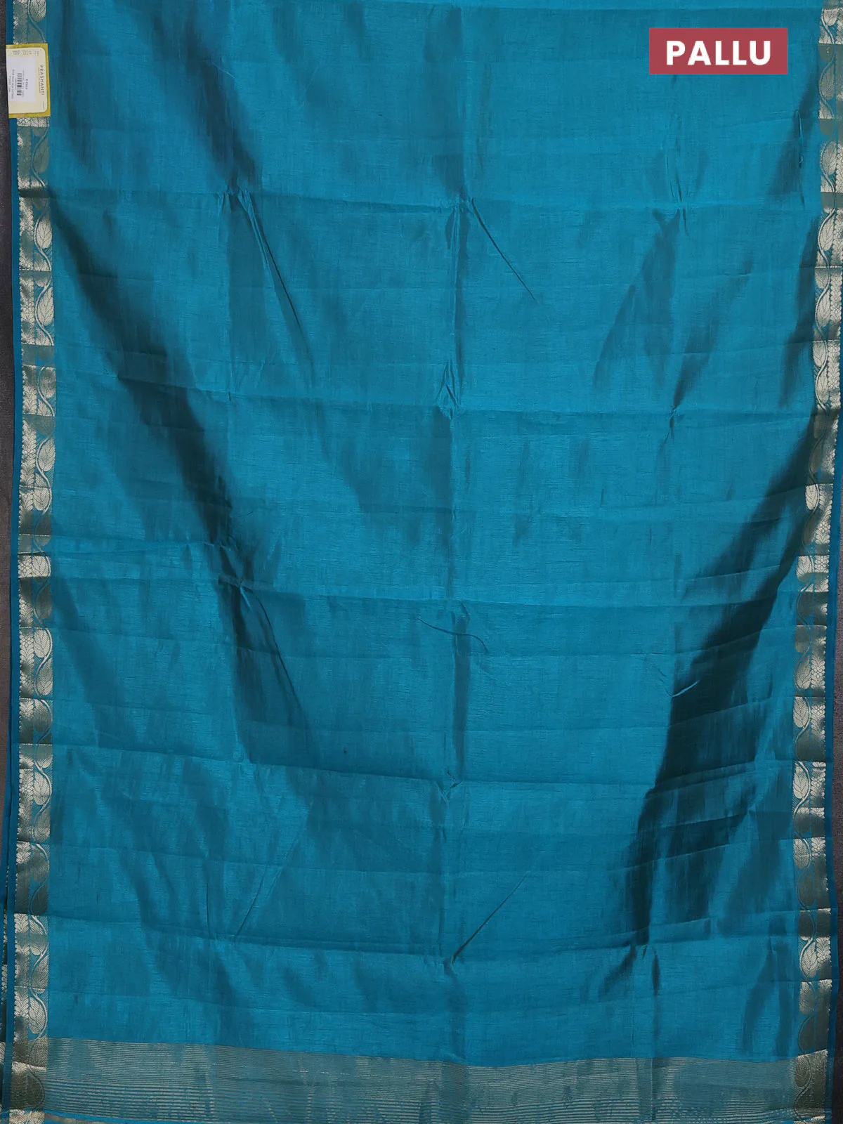 Semi raw silk saree teal blue with plain body and zari woven border - Image 3