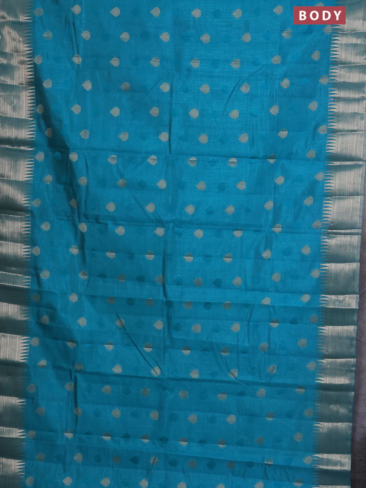 Semi raw silk saree teal blue with thread & zari woven buttas and temple design zari woven border - Image 2