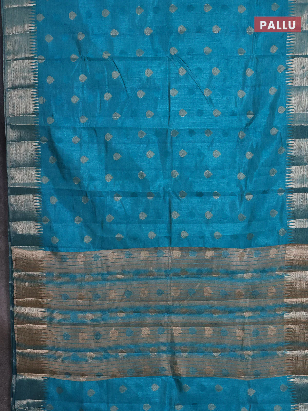 Semi raw silk saree teal blue with thread & zari woven buttas and temple design zari woven border - Image 3