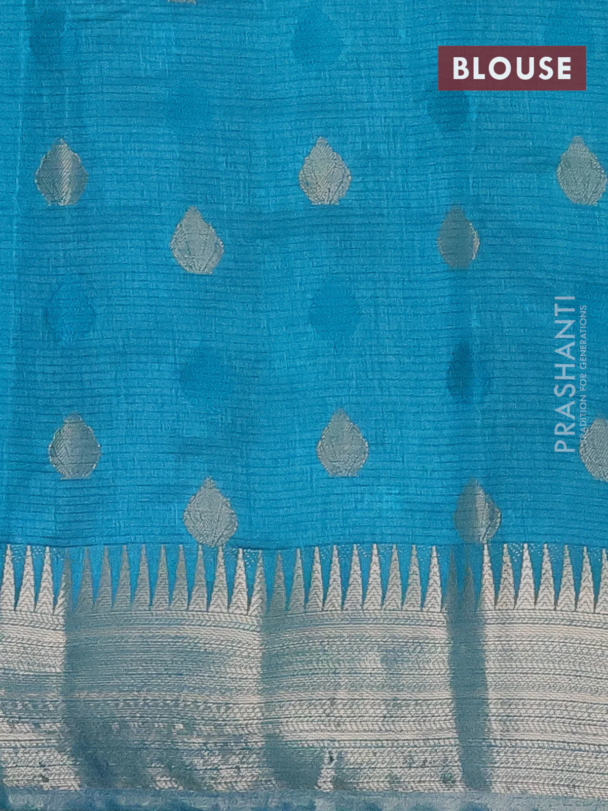 Semi raw silk saree teal blue with thread & zari woven buttas and temple design zari woven border - Image 4