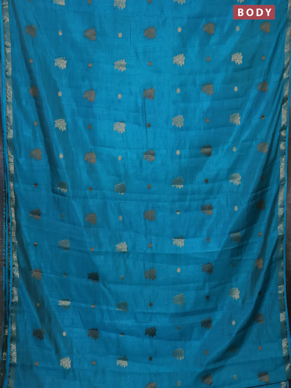 Semi raw silk saree teal blue with woven buttas and zari woven border - Image 2