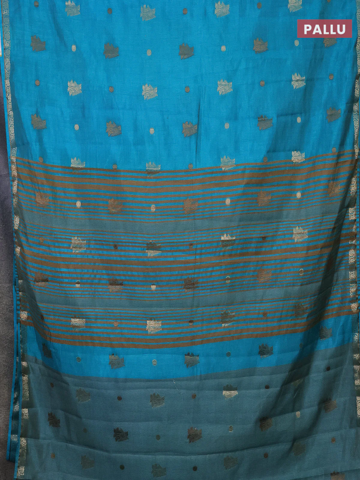 Semi raw silk saree teal blue with woven buttas and zari woven border - Image 3