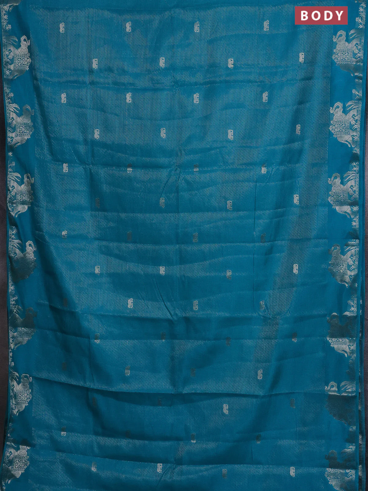Semi raw silk saree teal blue with zari weaves & elephant buttas and elephant design zari woven border - Image 2