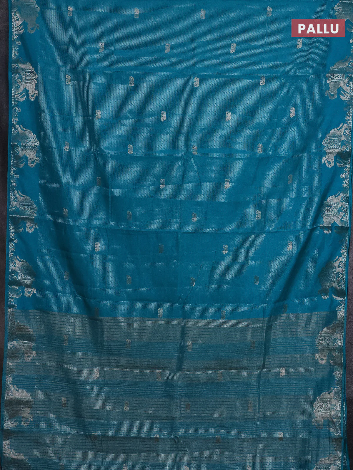 Semi raw silk saree teal blue with zari weaves & elephant buttas and elephant design zari woven border - Image 3