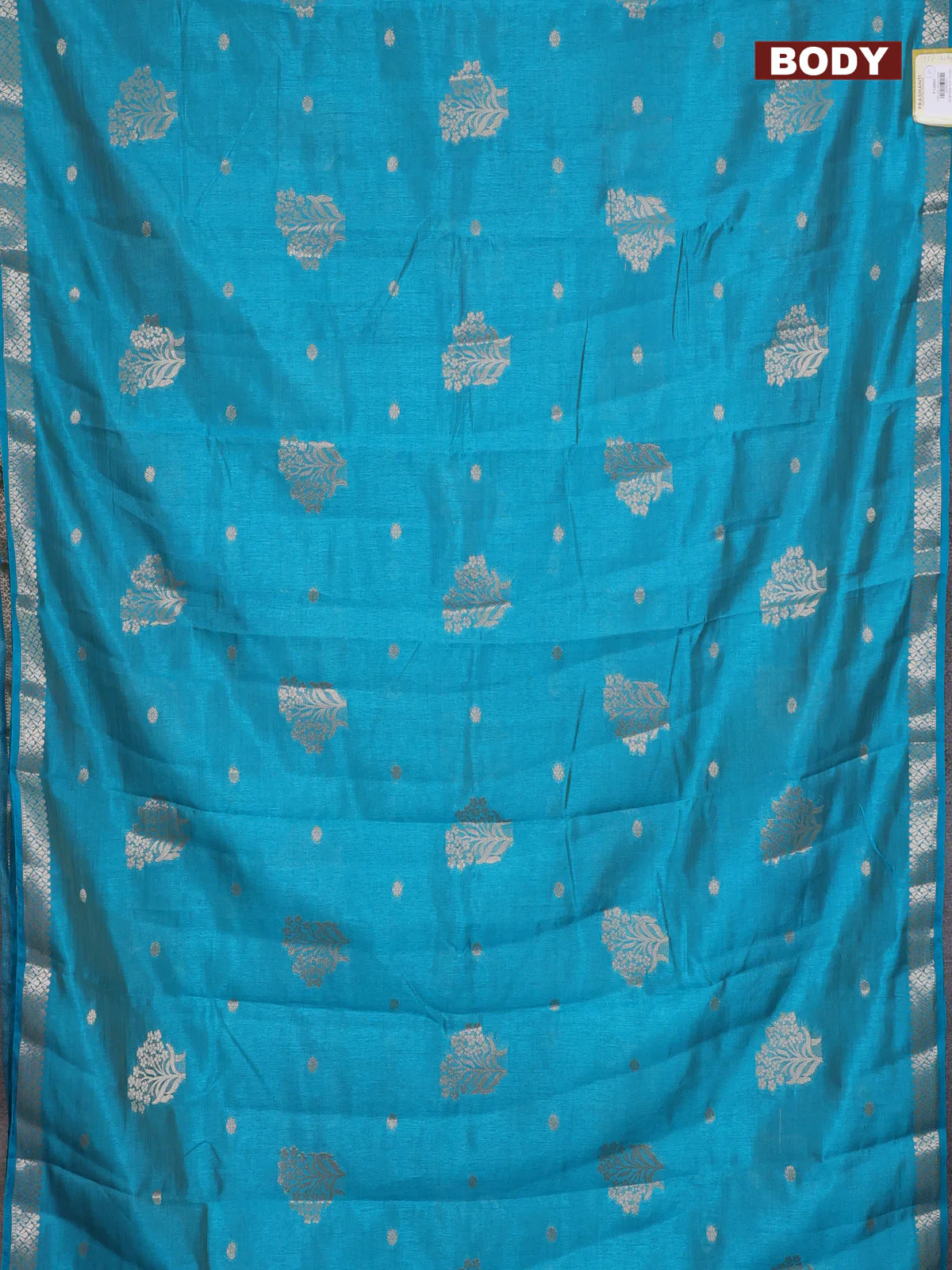 Semi raw silk saree teal blue with zari woven buttas and zari woven border - Image 2