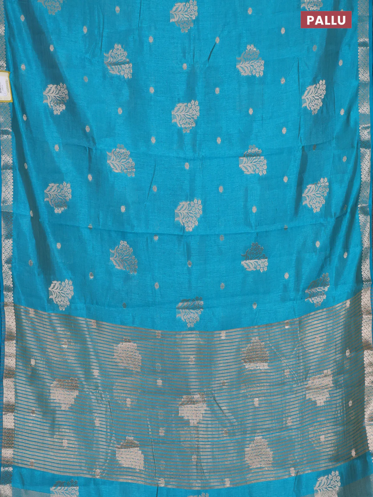 Semi raw silk saree teal blue with zari woven buttas and zari woven border - Image 3