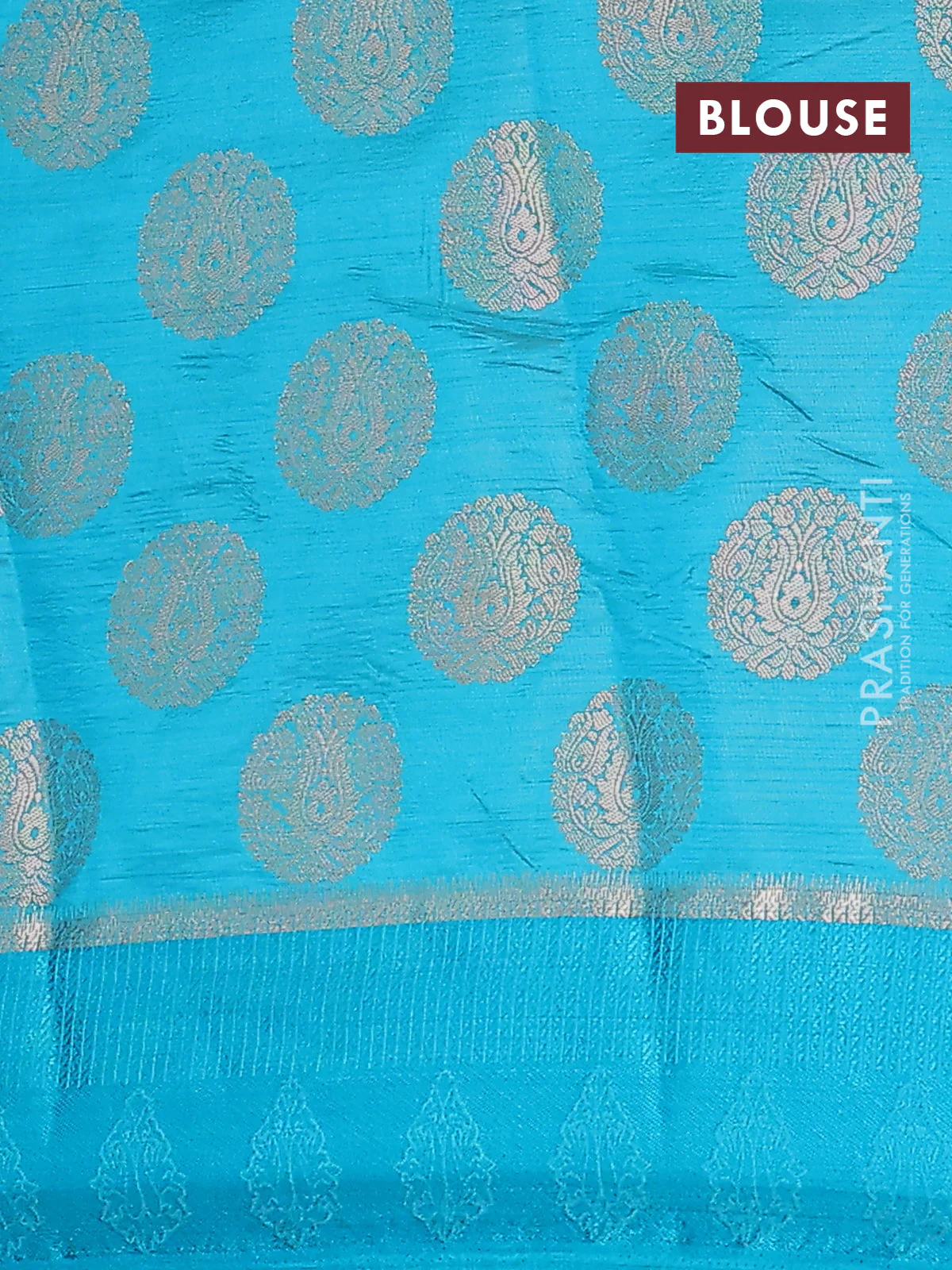 Semi raw silk saree teal blue with zari woven buttas and zari woven simple border - Image 4