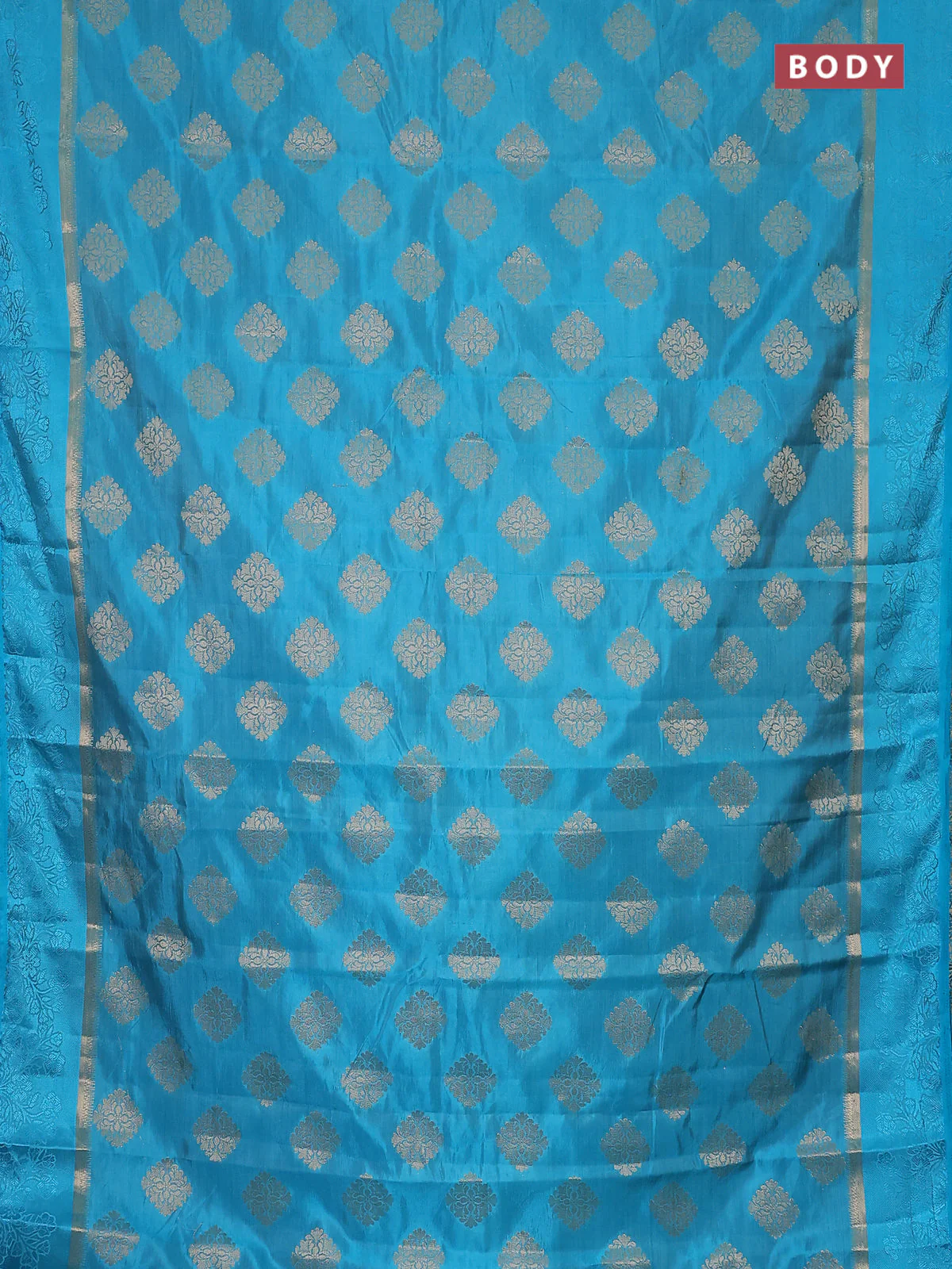 Semi raw silk saree teal blue with zari woven buttas and zari woven simple border - Image 2