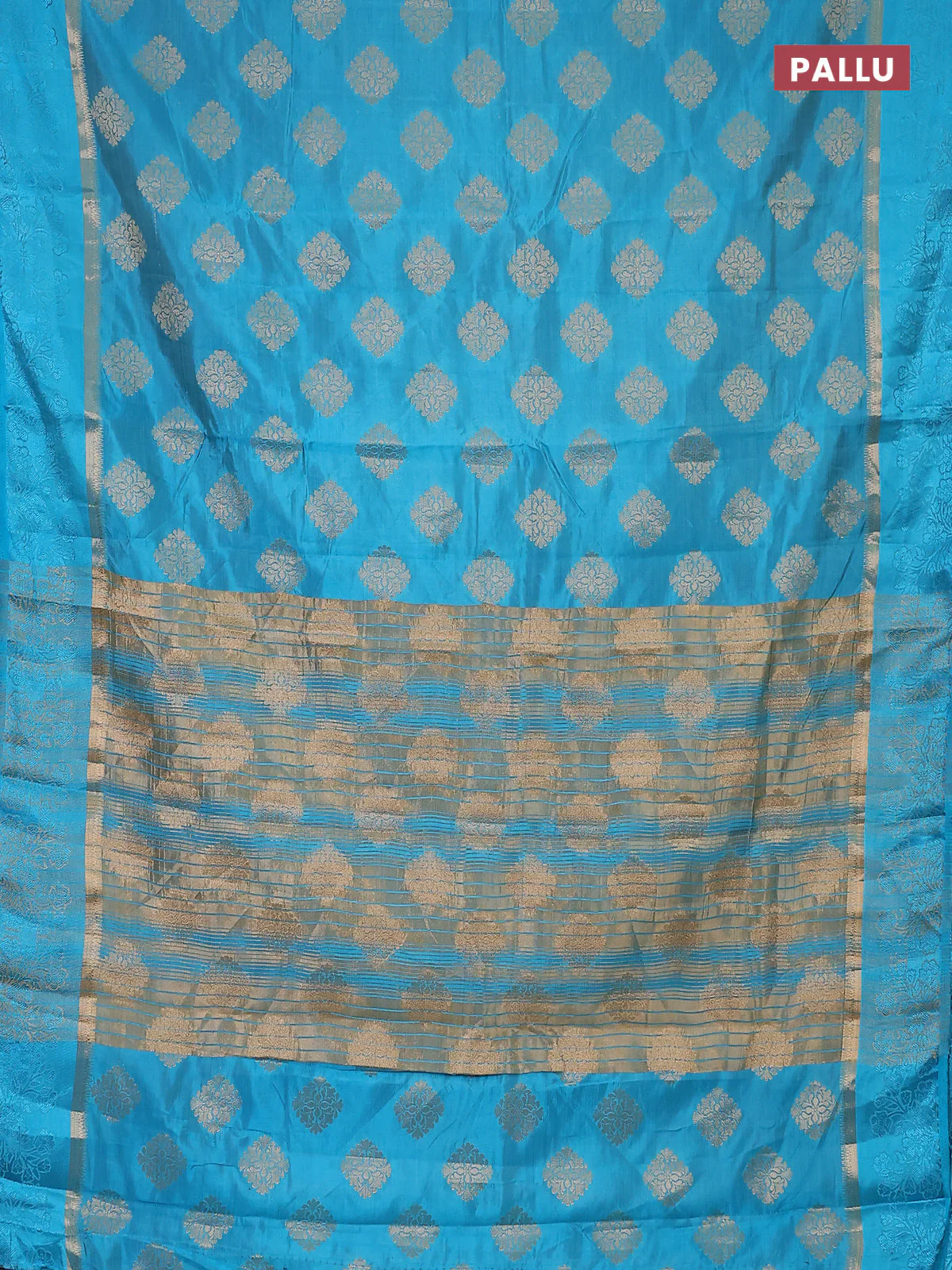 Semi raw silk saree teal blue with zari woven buttas and zari woven simple border - Image 3
