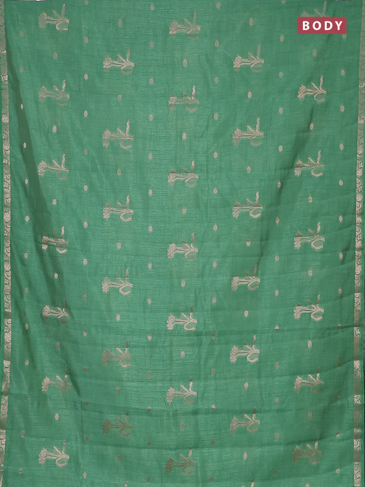 Semi raw silk saree teal green shade with zari woven floral buttas and small zari woven border - Image 2