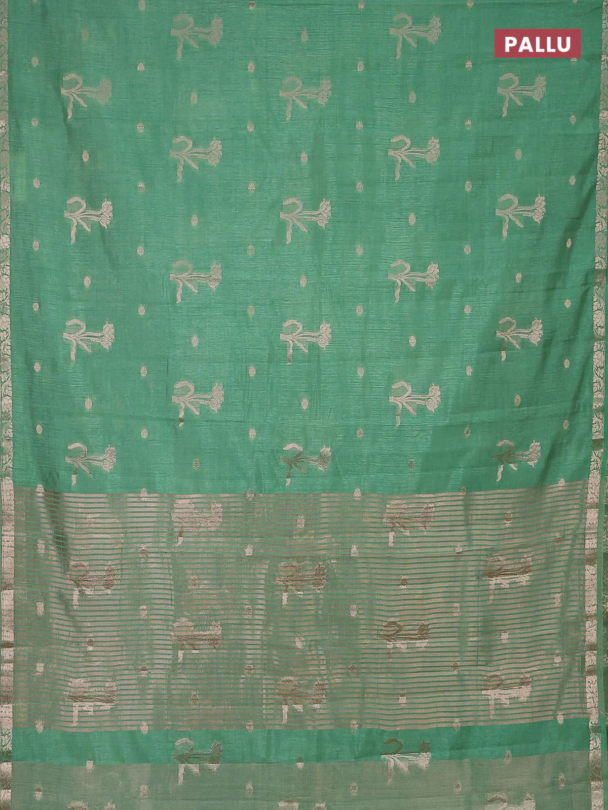 Semi raw silk saree teal green shade with zari woven floral buttas and small zari woven border - Image 3