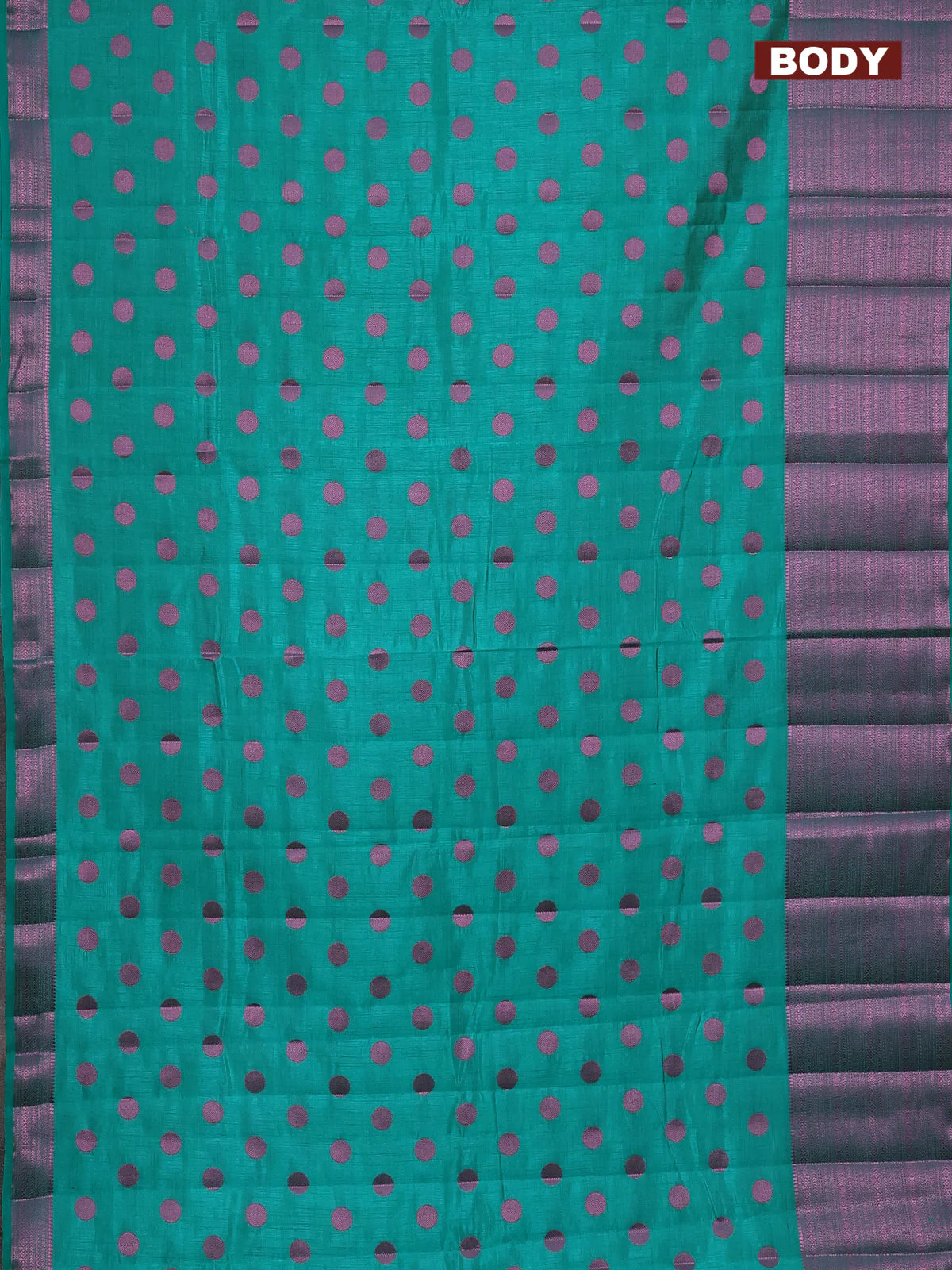 Semi raw silk saree teal green with allover pink zari woven buttas and pink zari woven border - Image 2