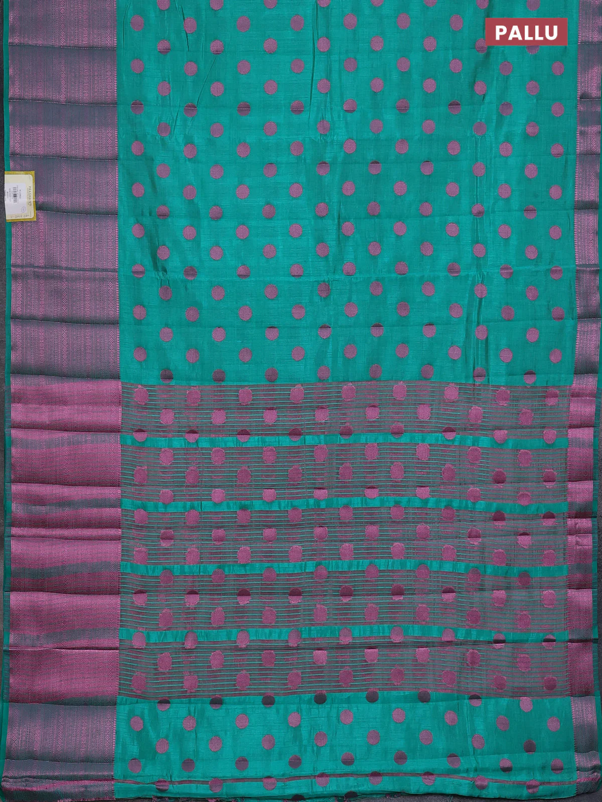 Semi raw silk saree teal green with allover pink zari woven buttas and pink zari woven border - Image 3