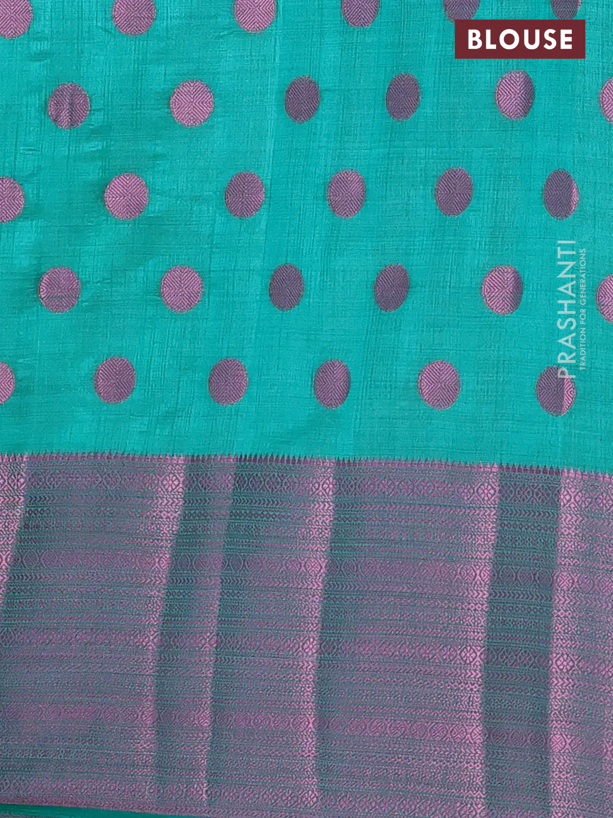 Semi raw silk saree teal green with allover pink zari woven buttas and pink zari woven border - Image 4