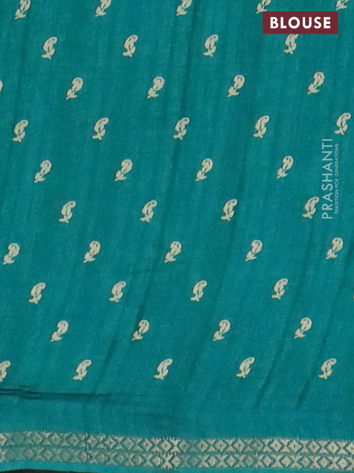 Semi raw silk saree teal green with butta prints and zari woven border - Image 4