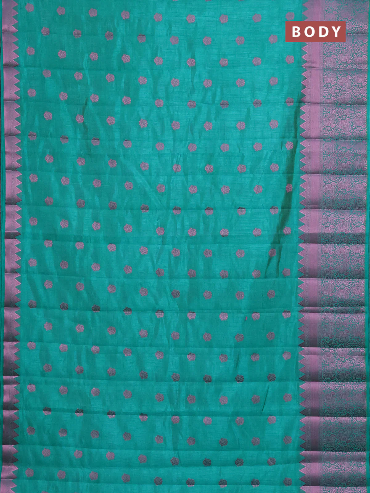 Semi raw silk saree teal green with pink zari woven buttas and pink zari woven border - Image 2