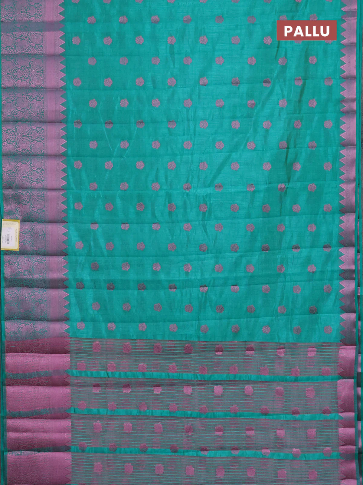 Semi raw silk saree teal green with pink zari woven buttas and pink zari woven border - Image 3
