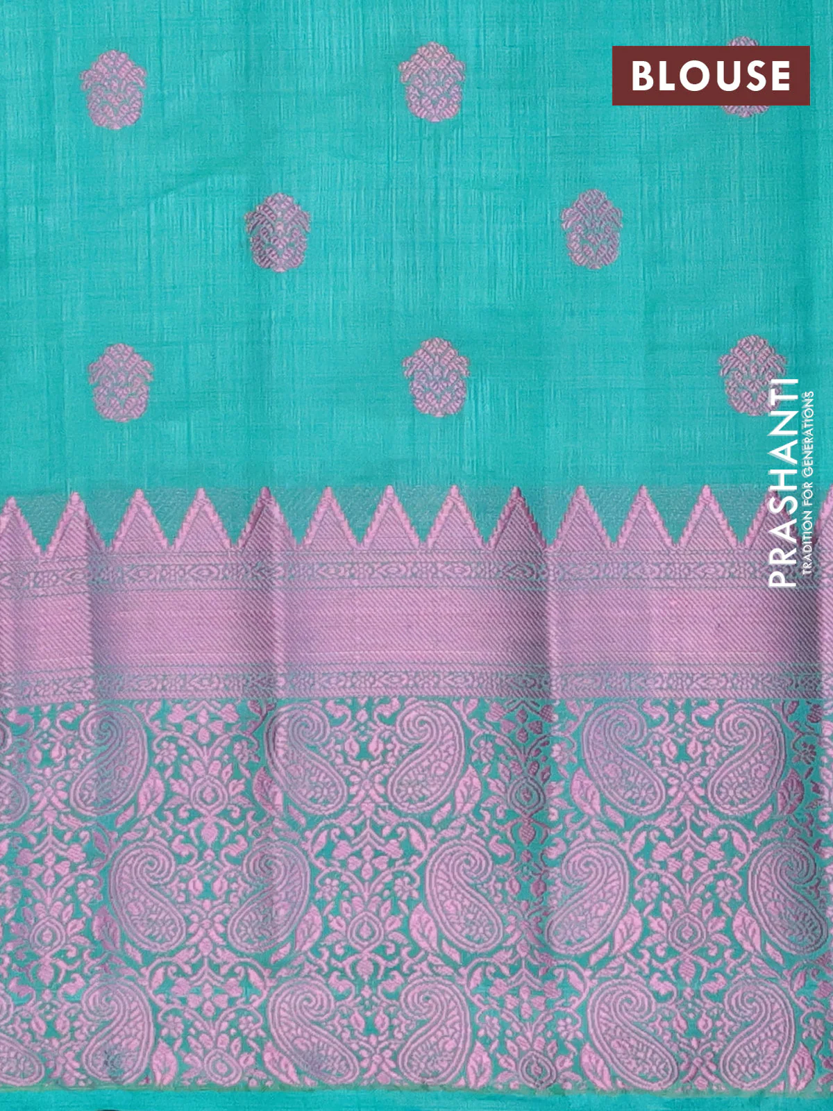 Semi raw silk saree teal green with pink zari woven buttas and pink zari woven border - Image 4