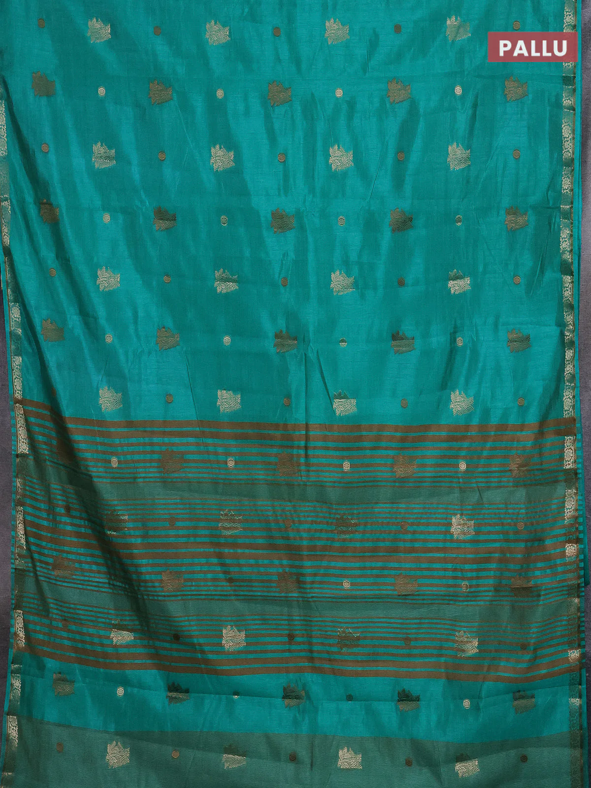Semi raw silk saree teal green with woven buttas and zari woven border - Image 3