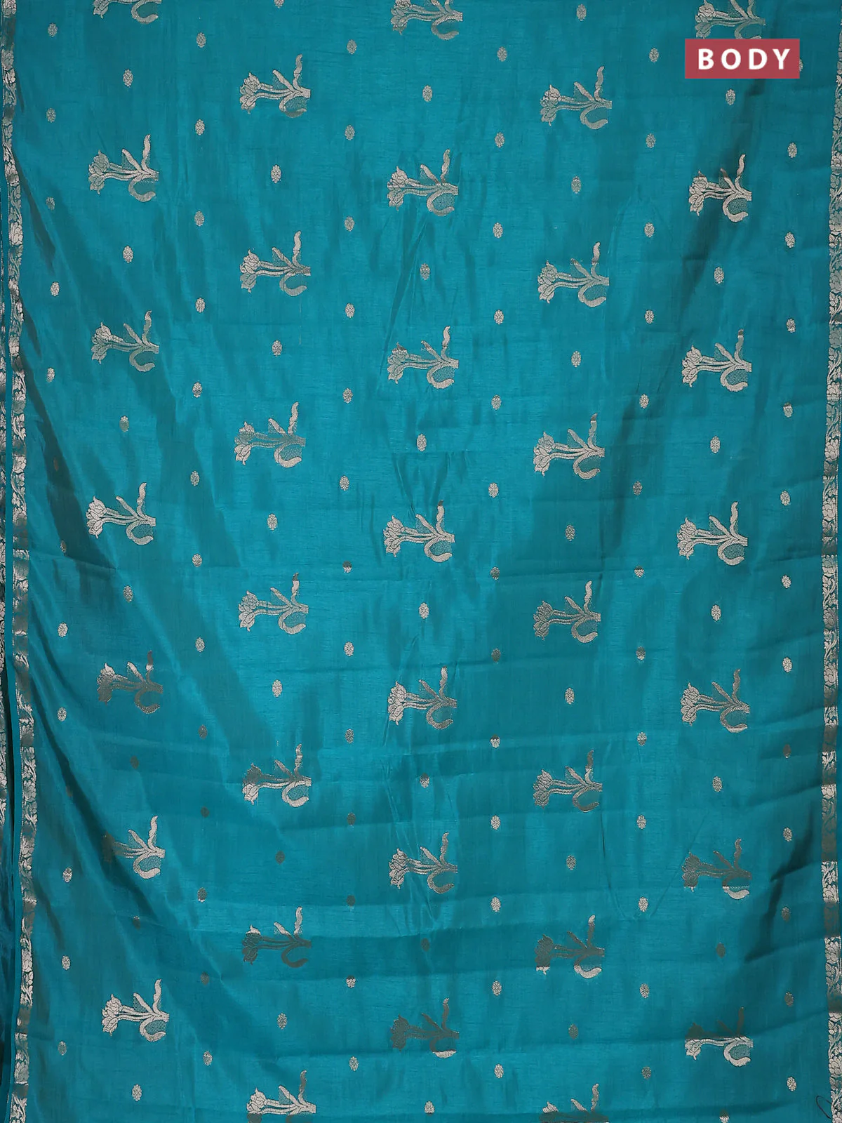 Semi raw silk saree teal green with zari woven floral buttas and small zari woven border - Image 2