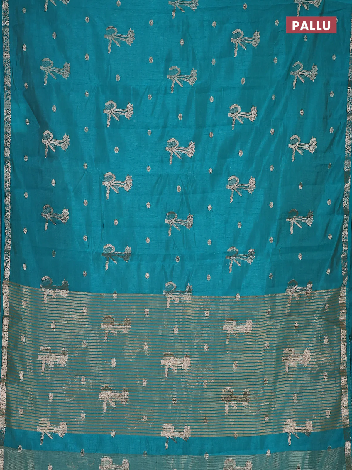 Semi raw silk saree teal green with zari woven floral buttas and small zari woven border - Image 3