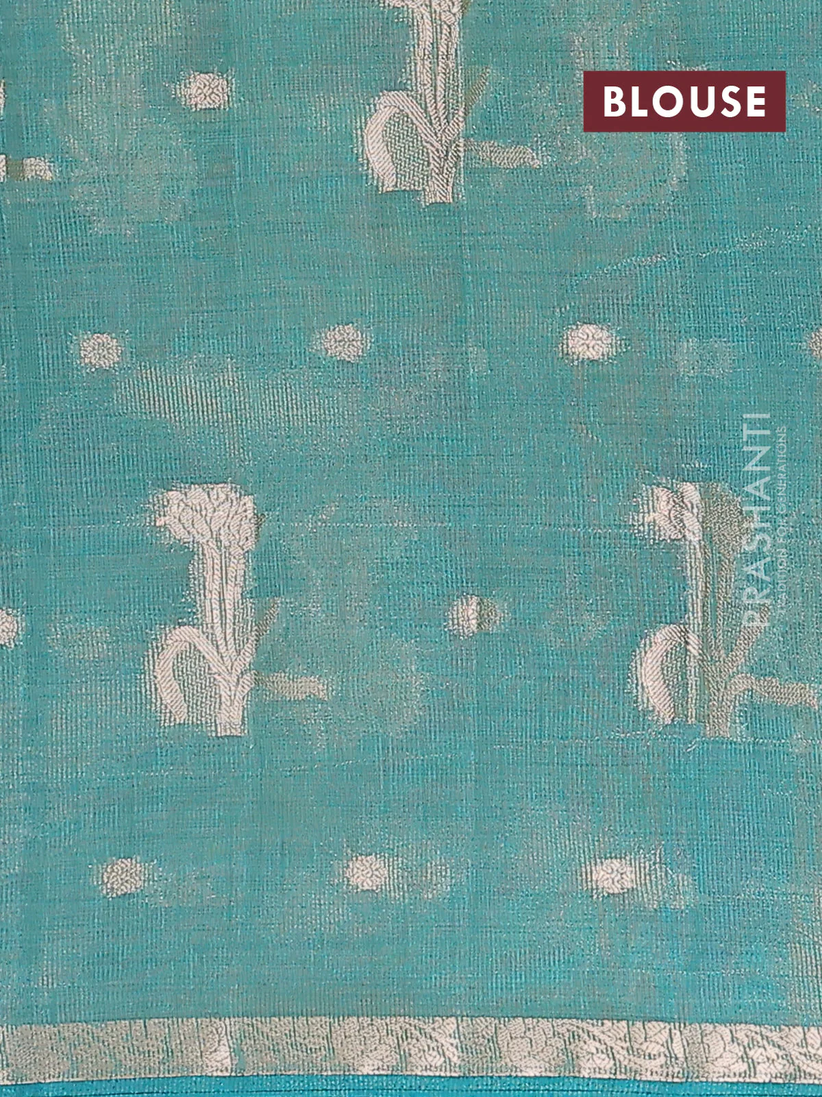 Semi raw silk saree teal green with zari woven floral buttas and small zari woven border - Image 4