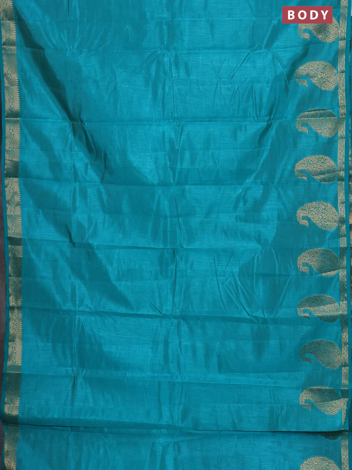 Semi raw silk saree teal shade with plain body and paisley design zari woven butta border - Image 2