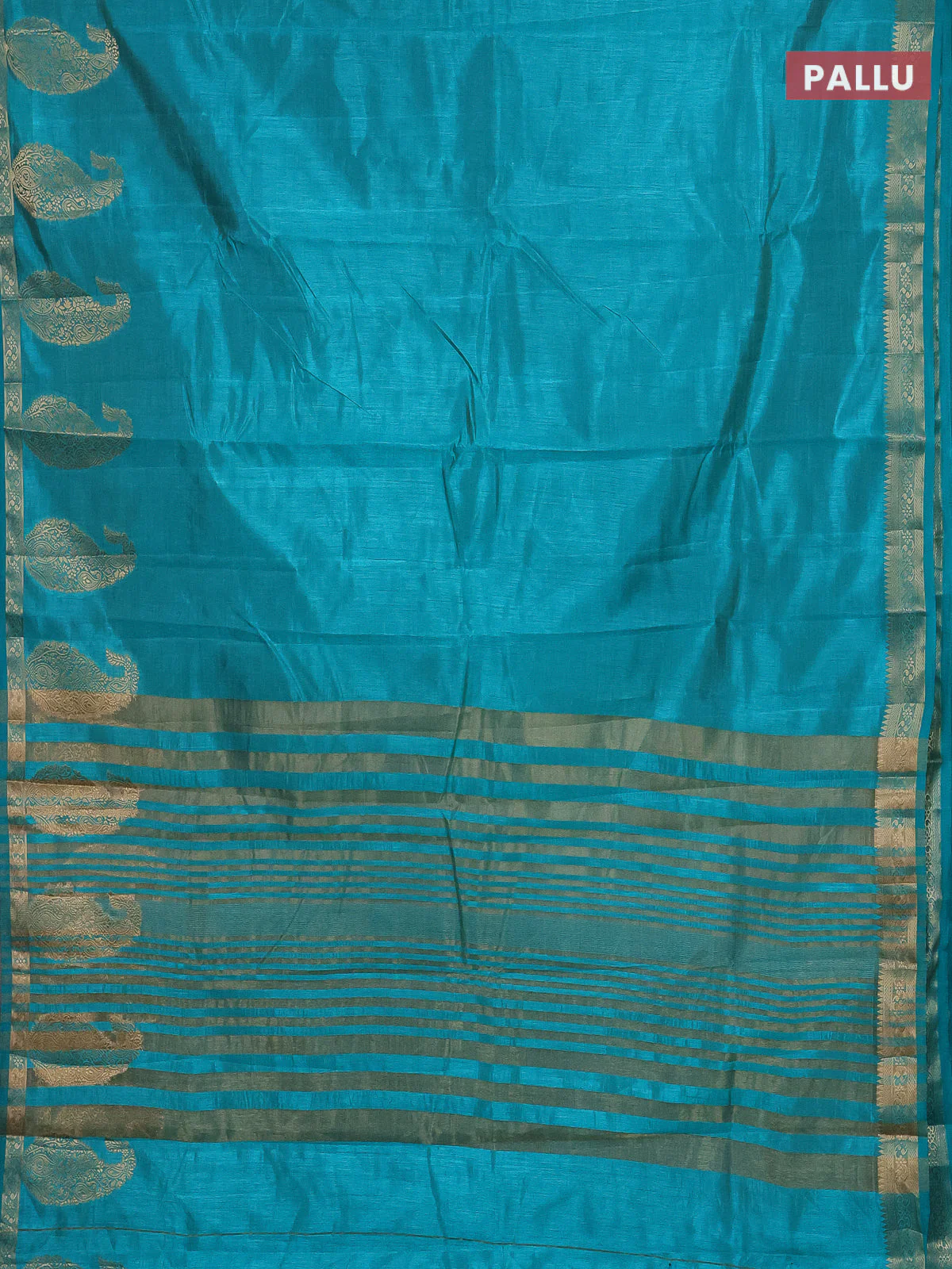 Semi raw silk saree teal shade with plain body and paisley design zari woven butta border - Image 3