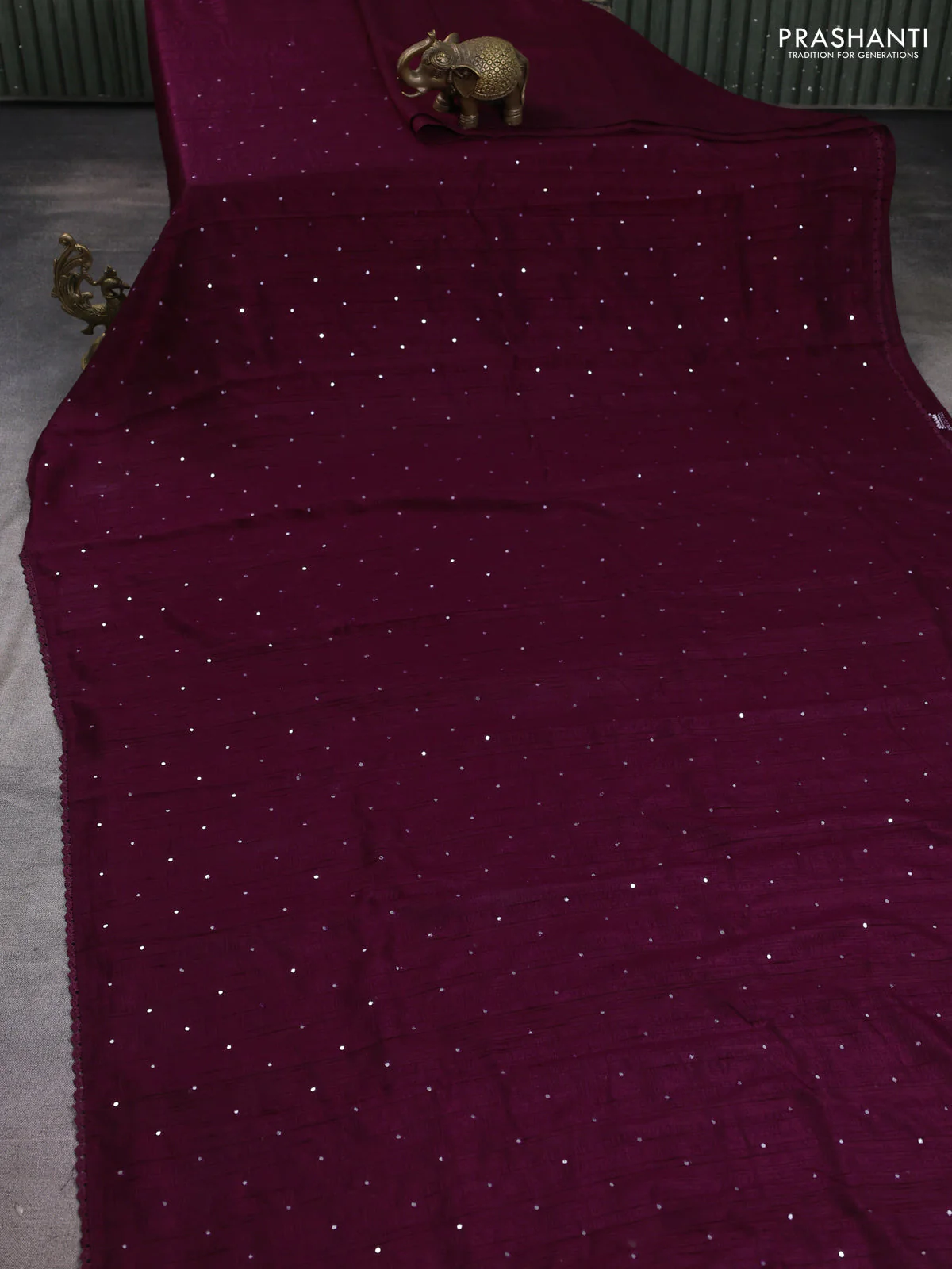 Semi raw silk saree wine shade with allover mirror work and lace work border - Image 2