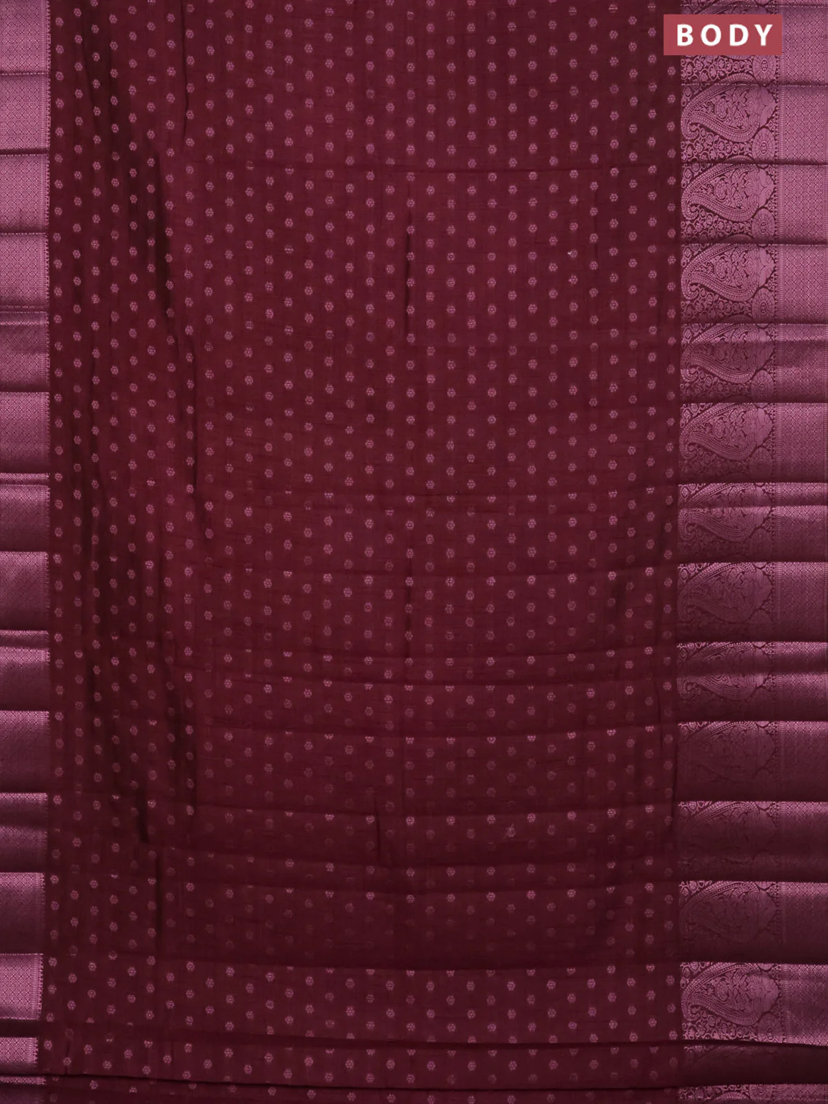 Semi raw silk saree wine shade with allover pink zari woven buttas and paisley design pink zari woven border - Image 2