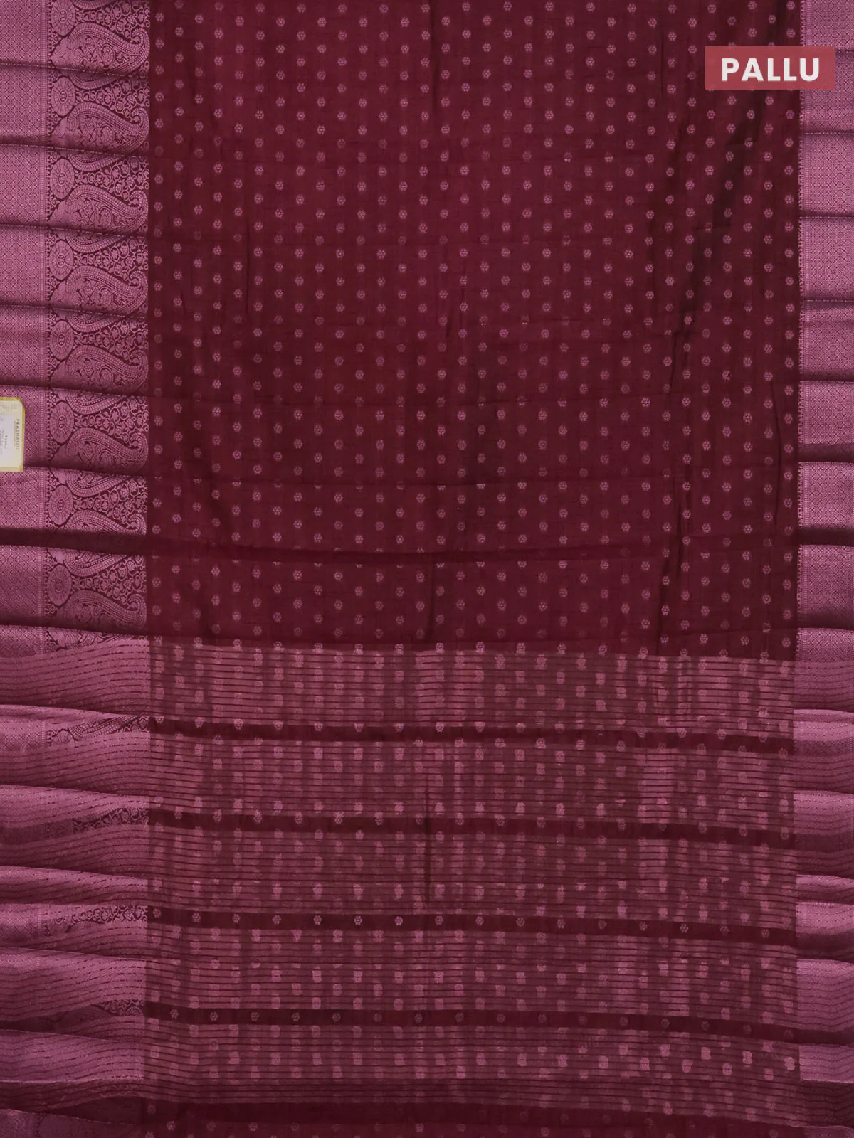 Semi raw silk saree wine shade with allover pink zari woven buttas and paisley design pink zari woven border - Image 3
