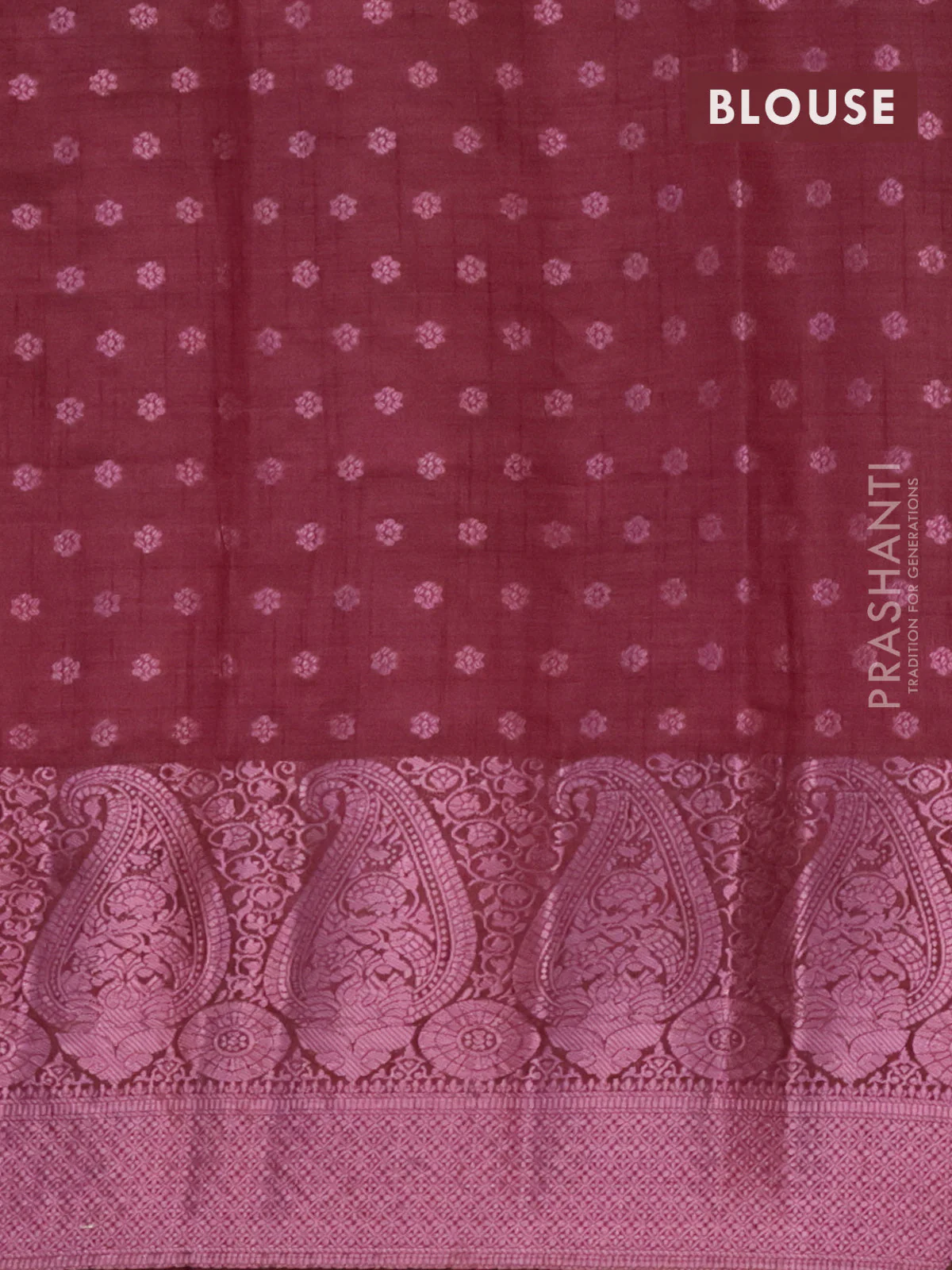 Semi raw silk saree wine shade with allover pink zari woven buttas and paisley design pink zari woven border - Image 4