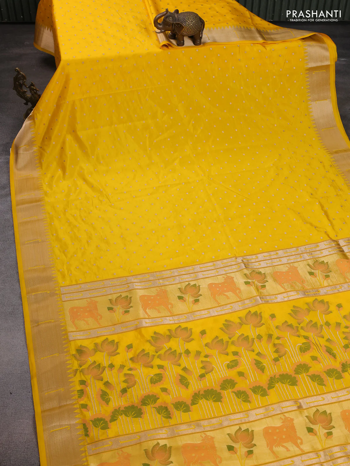 Semi raw silk saree yellow with allover zari woven buttas and pichwai design pallu - Image 2