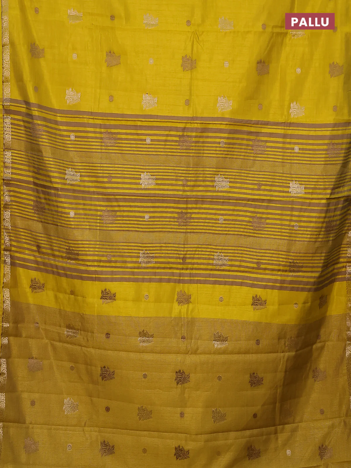 Semi raw silk saree yellow with woven buttas and zari woven border - Image 3